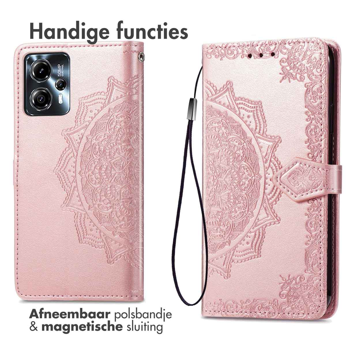 Roze telefoonhoesje met een patroonontwerp, met een afneembare polsband en een magnetische sluiting.