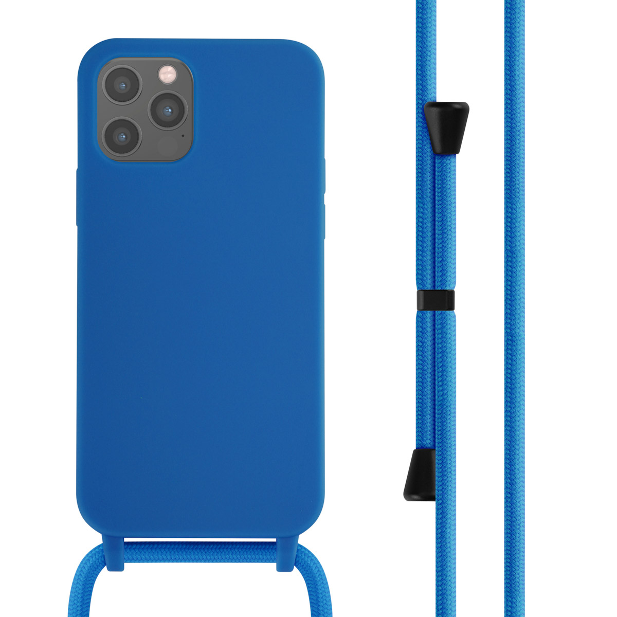 Coque bleue avec cordon bleu. Accents noirs sur le cordon.