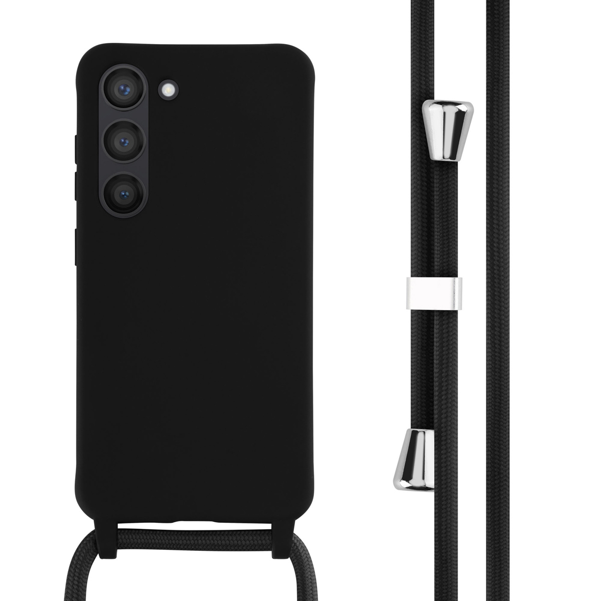 Zwarte telefoonhoes met zwart koord, zilveren accenten op het koord.