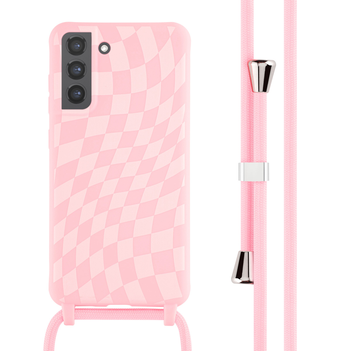 Roze telefoonhoesje met dambordpatroon, roze koord met zilveren details.