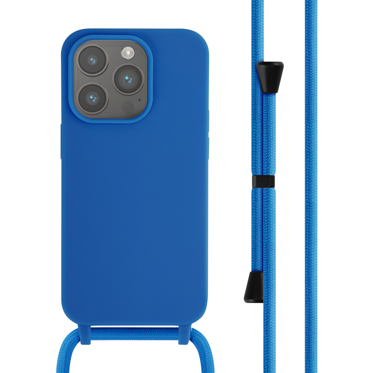 Blauwe telefoonhoes met blauw koord. De hoes heeft een camera-uitsparing.