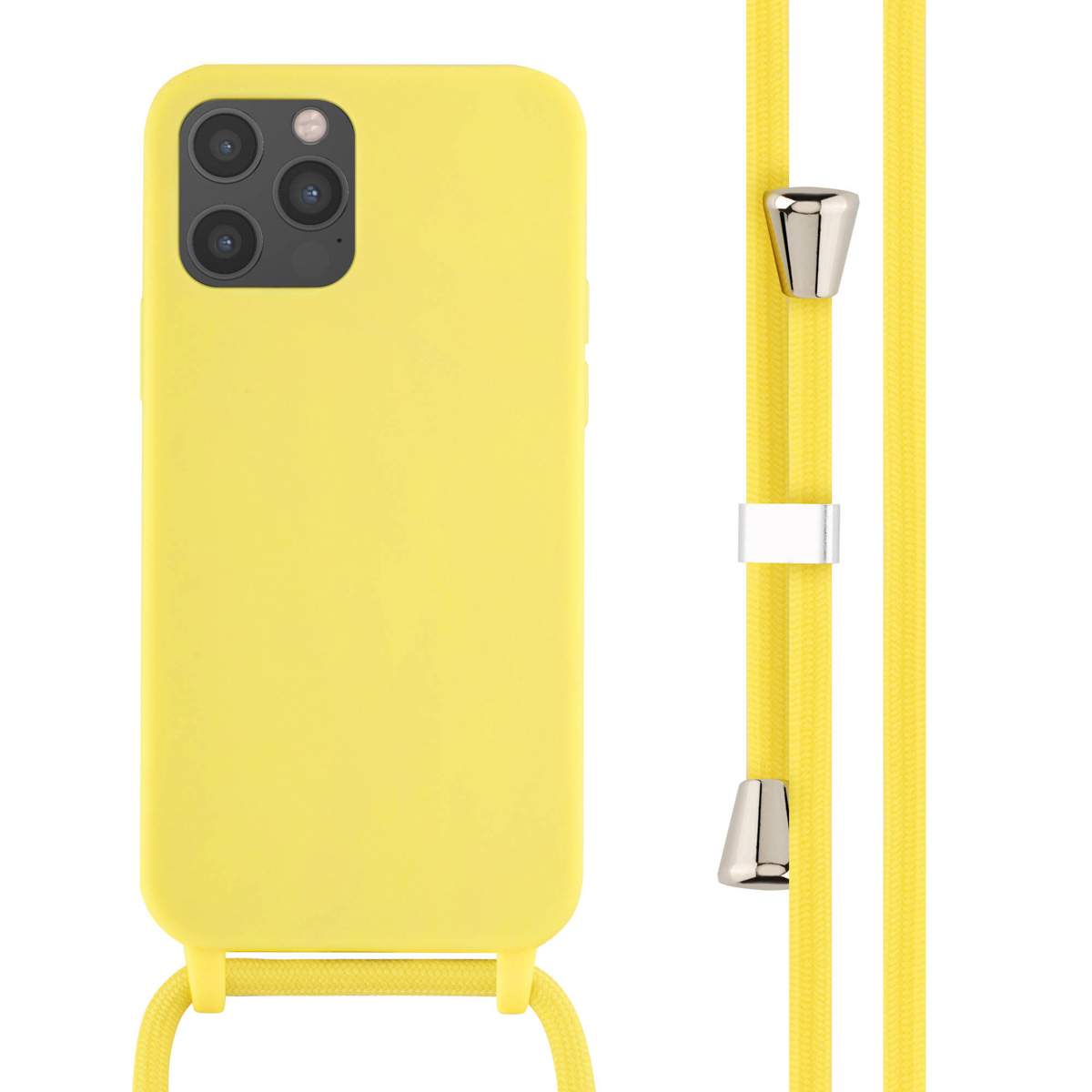 Une coque de téléphone jaune avec un cordon jaune attaché. Détails argentés sur le cordon.