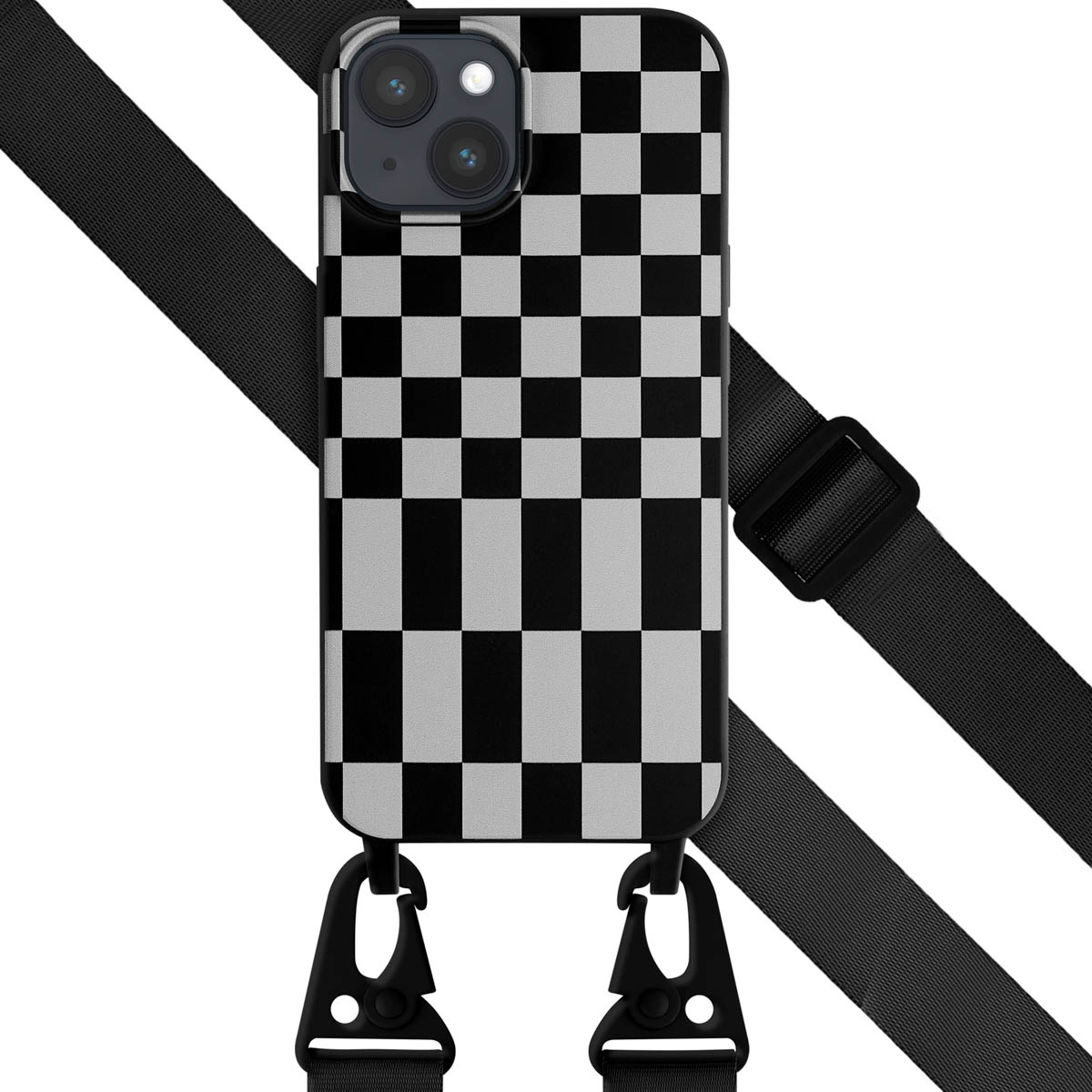 Coque de téléphone à carreaux noirs et blancs avec sangle et clips noirs.