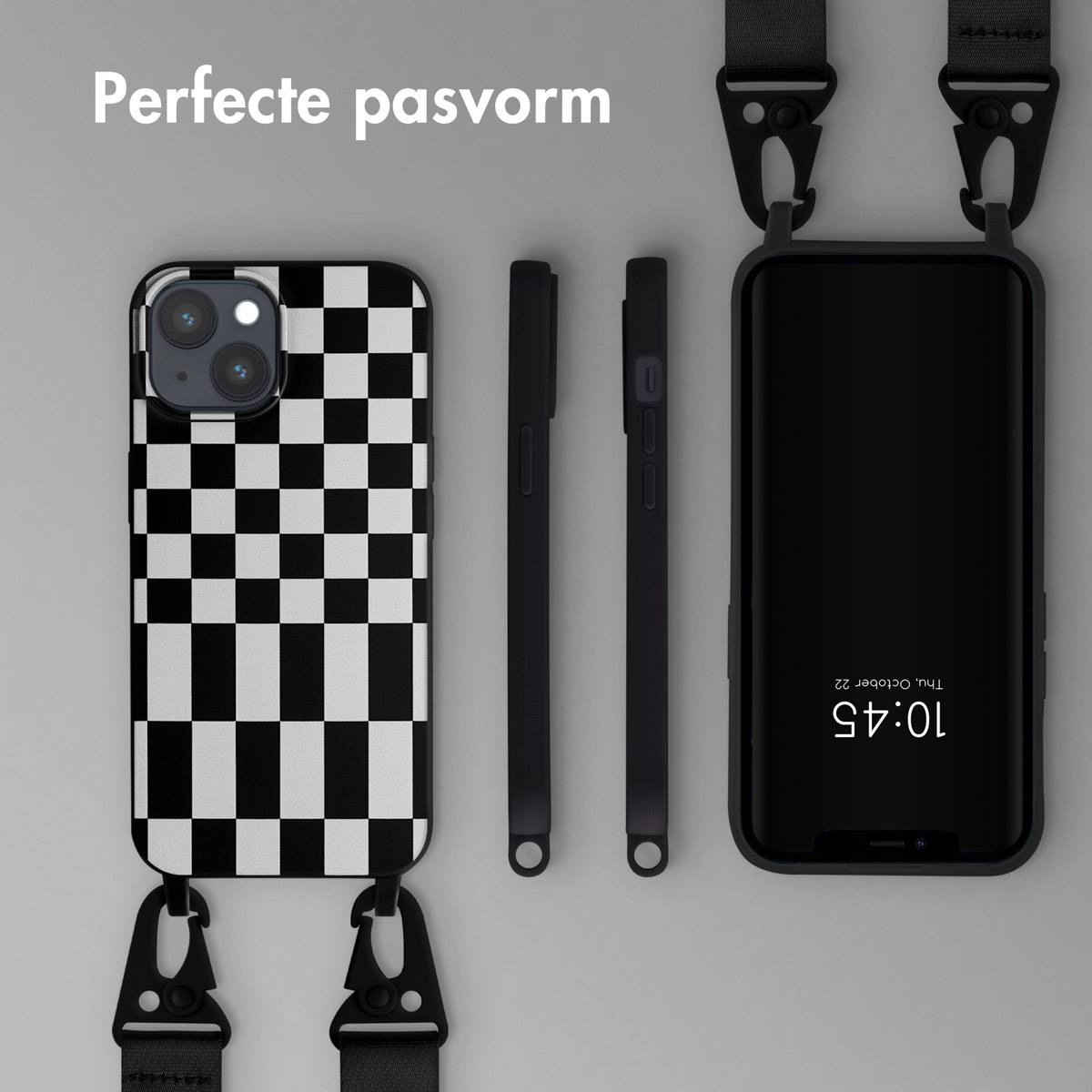 Coque de téléphone à damier, deux bandes noires et un téléphone avec une lanière.