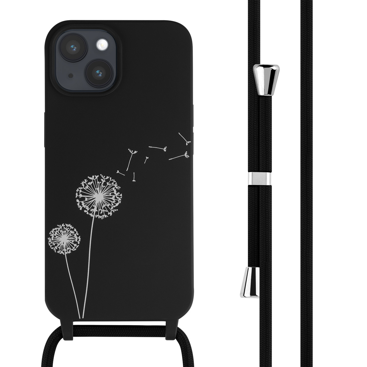 Black phone case with dandelion design and a black lanyard with silver accents.