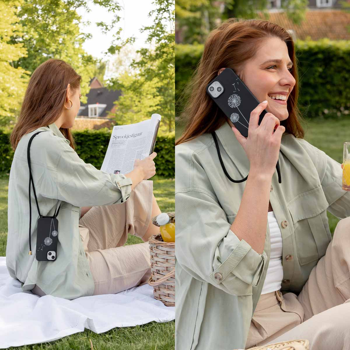 Vrouw leest krant, houdt telefoon vast; zit op picknickkleed in gras.