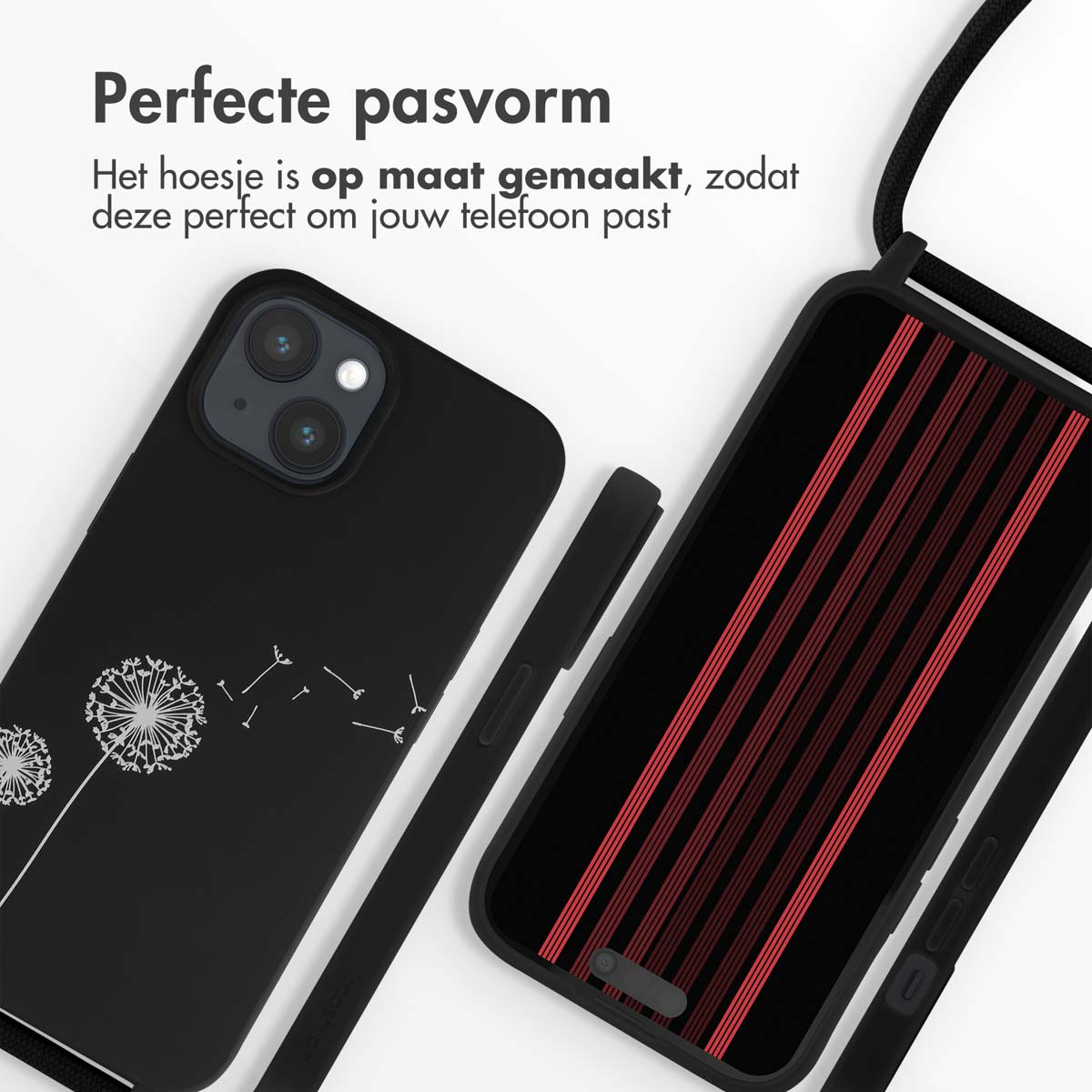Black phone case with dandelion design and striped pattern. Lanyard.