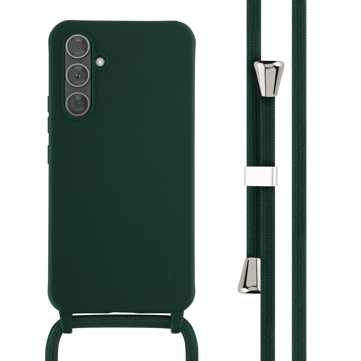 Groene telefoonhoes met een groen koord. De hoes heeft drie camera-uitsparingen.