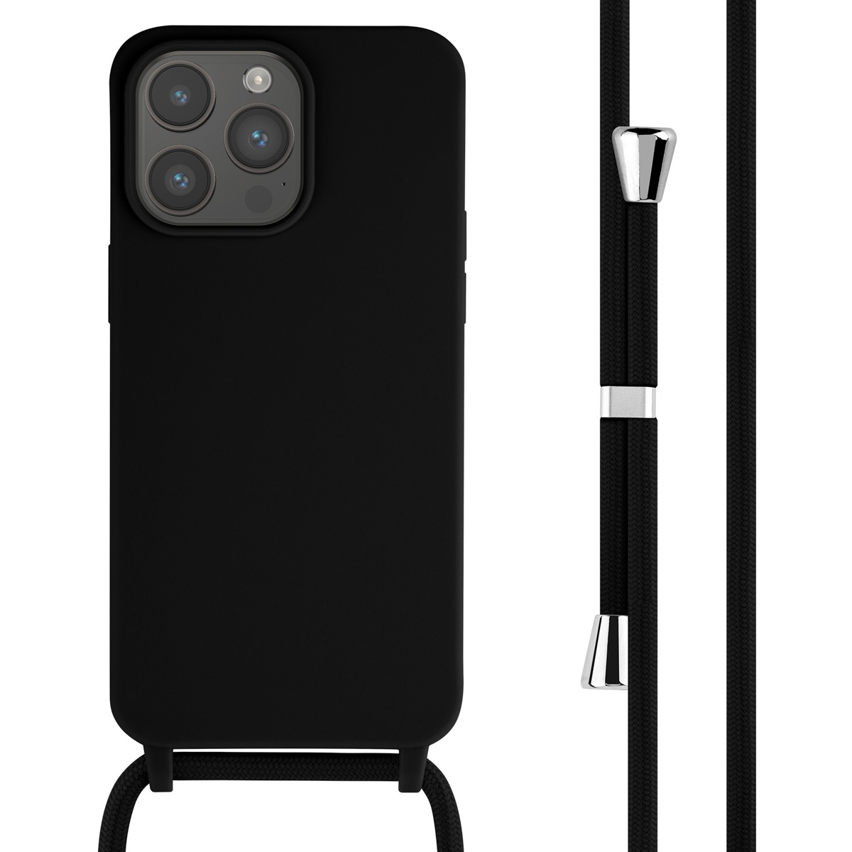Schwarze Handyhülle mit Lanyard. Die Hülle befindet sich neben einem schwarzen Lanyard.