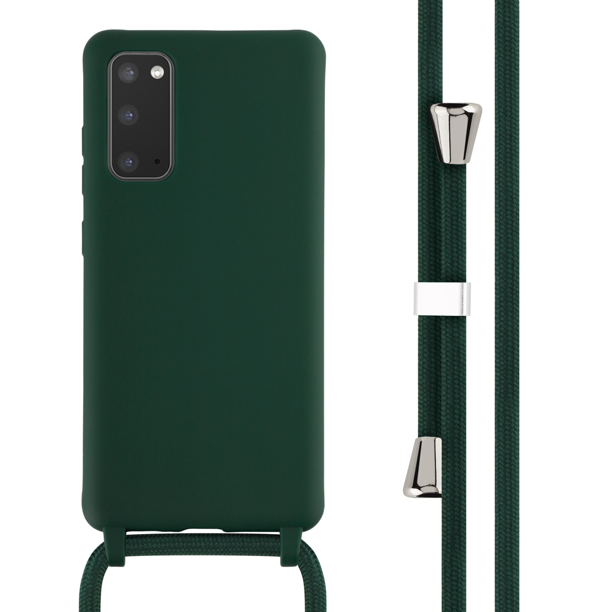 Coque de téléphone vert foncé avec lanière vert foncé et détails argentés.