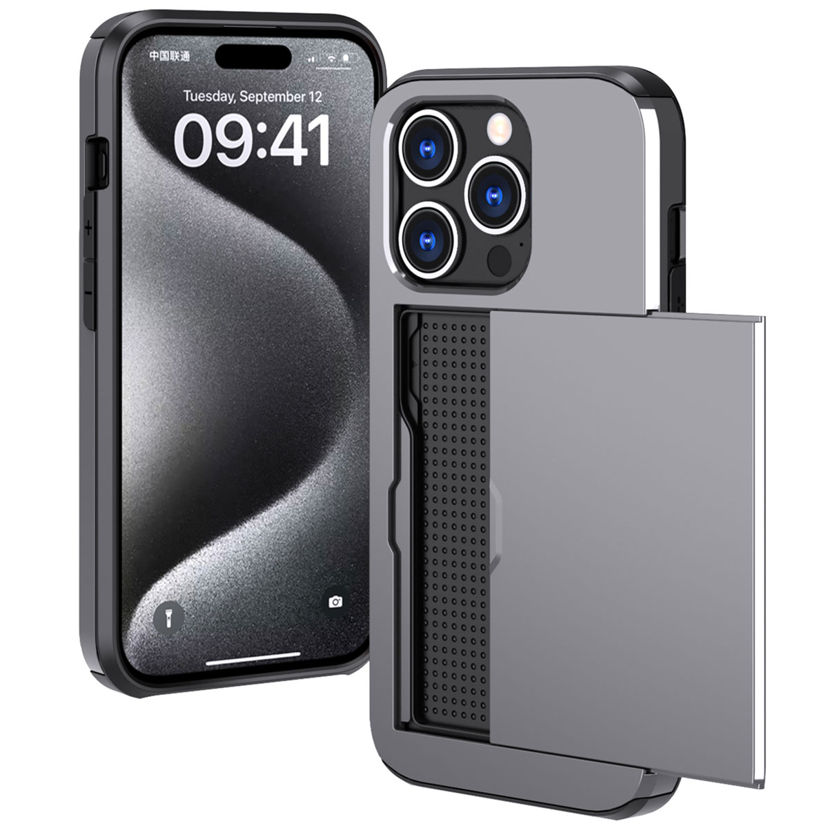 Téléphone avec un étui gris avec fente pour carte. L'écran du téléphone est allumé.