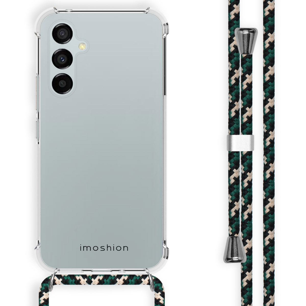 Een doorzichtige telefoonhoes met een gevlochten groen, crème en zwart koord.
