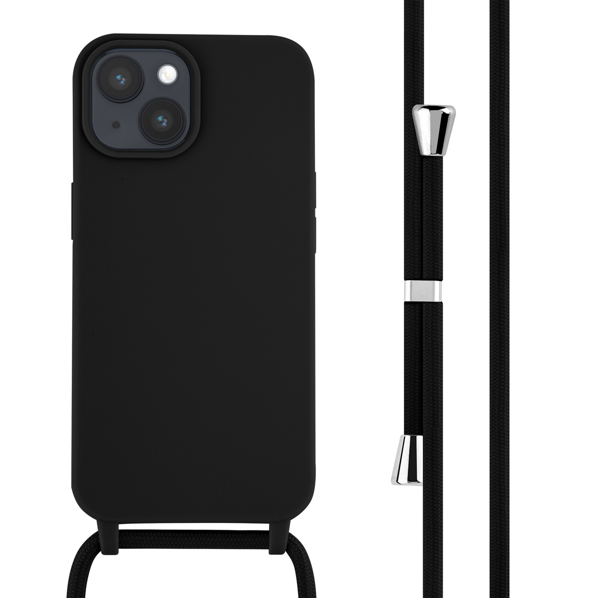 Schwarze Handyhülle mit schwarzem Umhängeband. Das Telefon ist darin.