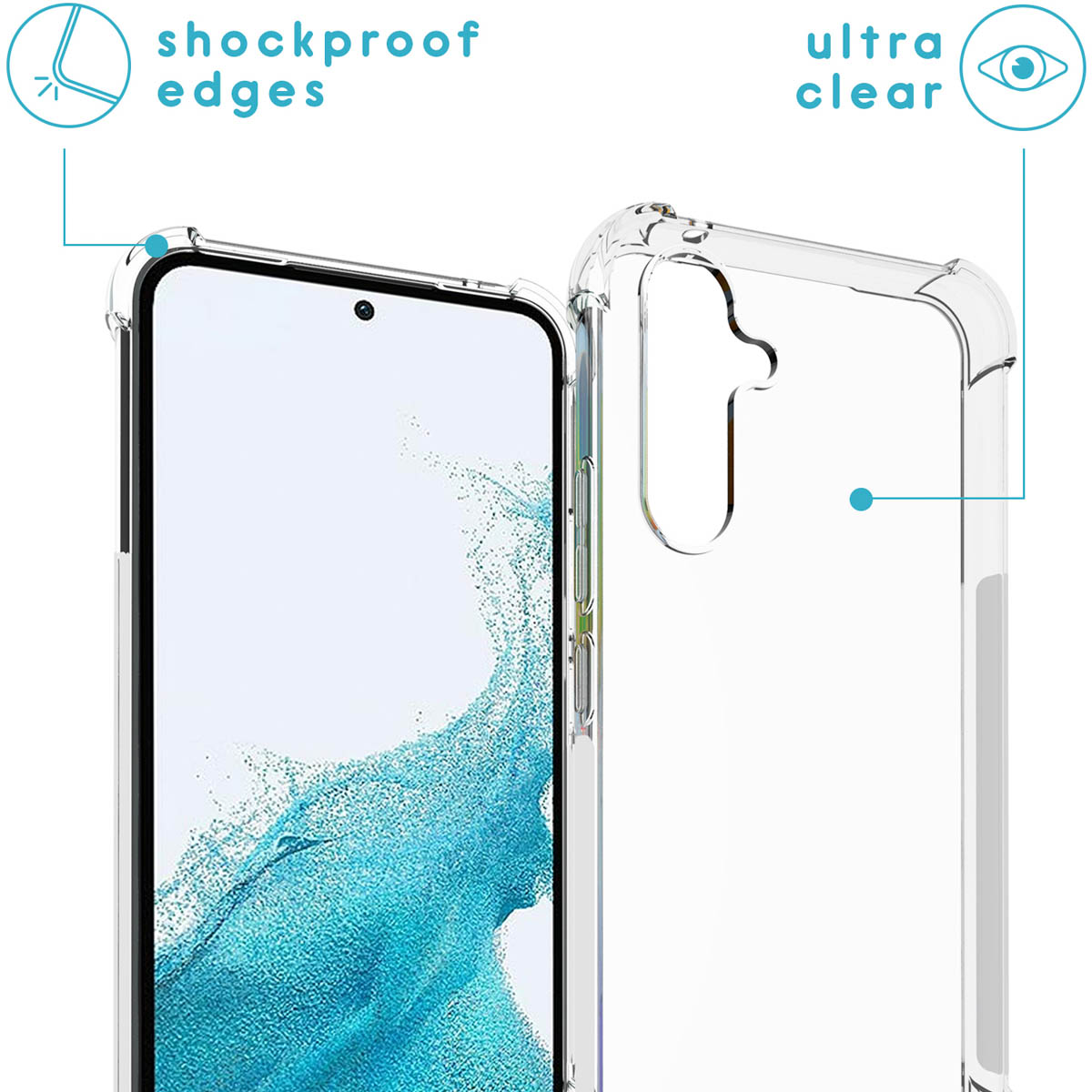 Transparante telefoonhoes op een telefoon met schokbestendige randen, ultra helder.