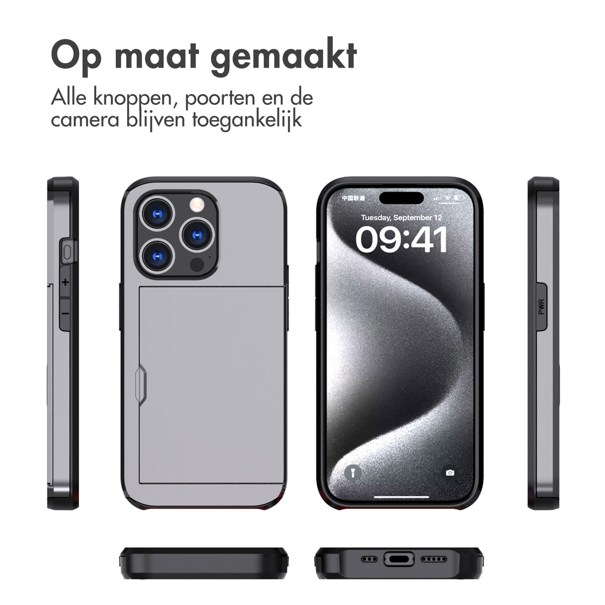 Coque de téléphone grise avec porte-cartes, vues avant, arrière, latérale et inférieure.
