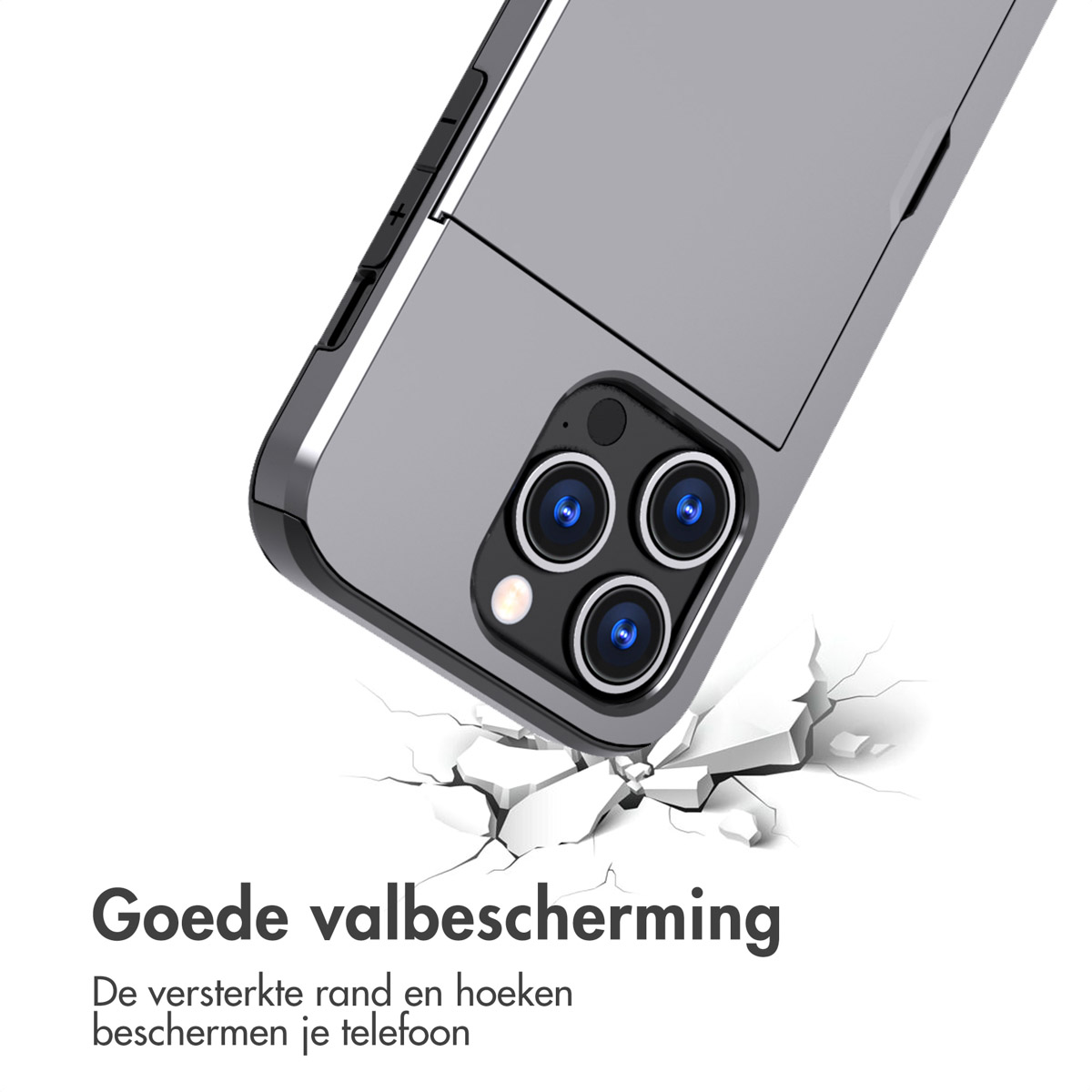 Coque de téléphone avec motif quadrillé tombant sur une surface brisée. La coque est grise.