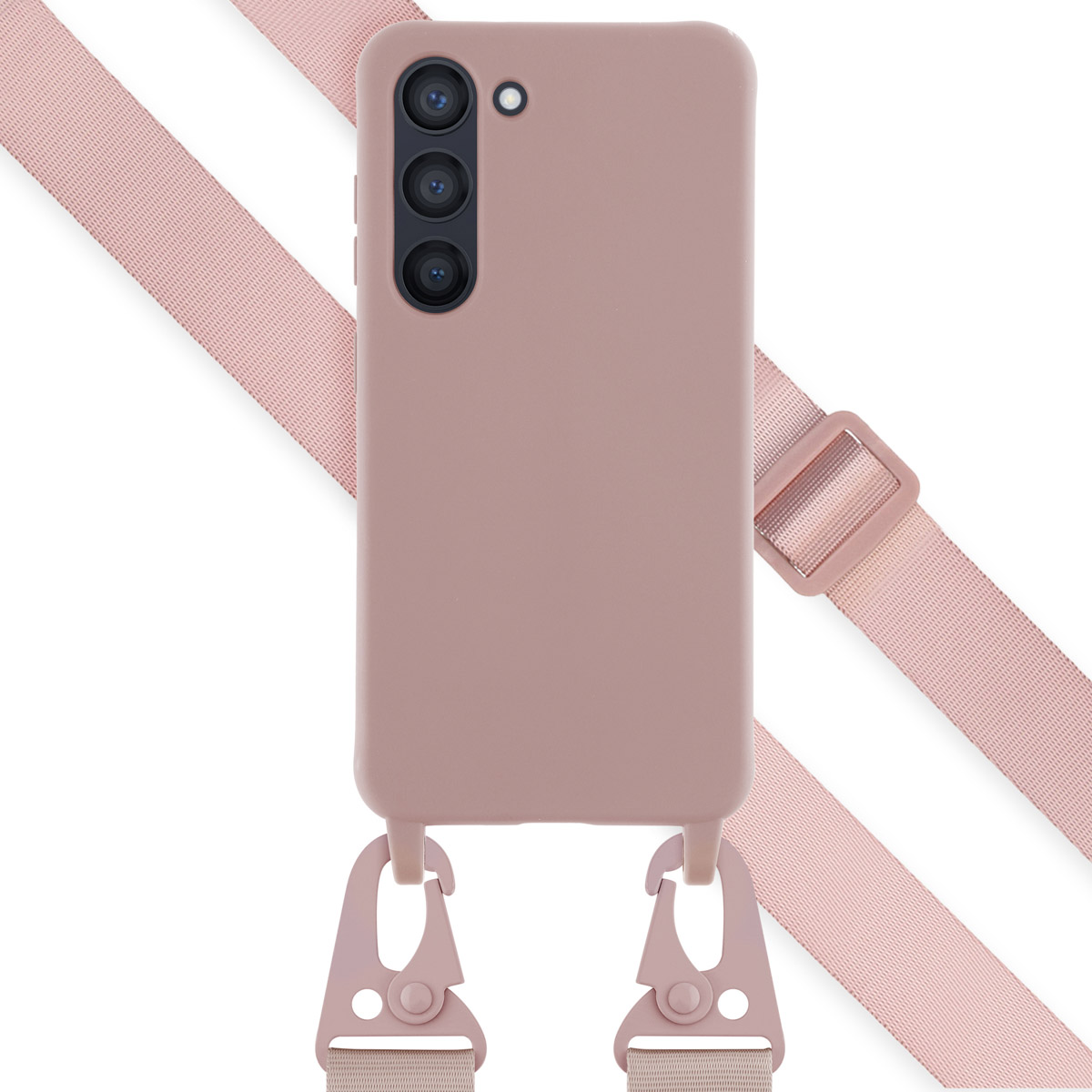 Coque de téléphone rose avec une sangle rose et des accessoires argentés. Le téléphone est vierge.