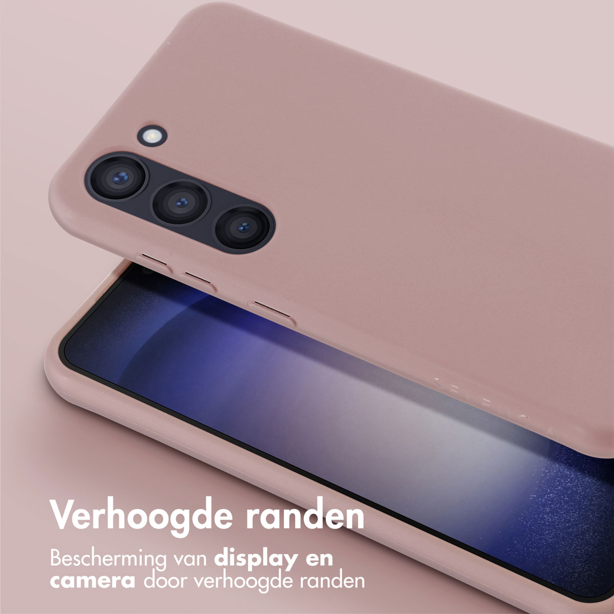 Coque rose, bords surélevés, protégeant l'écran et la caméra.