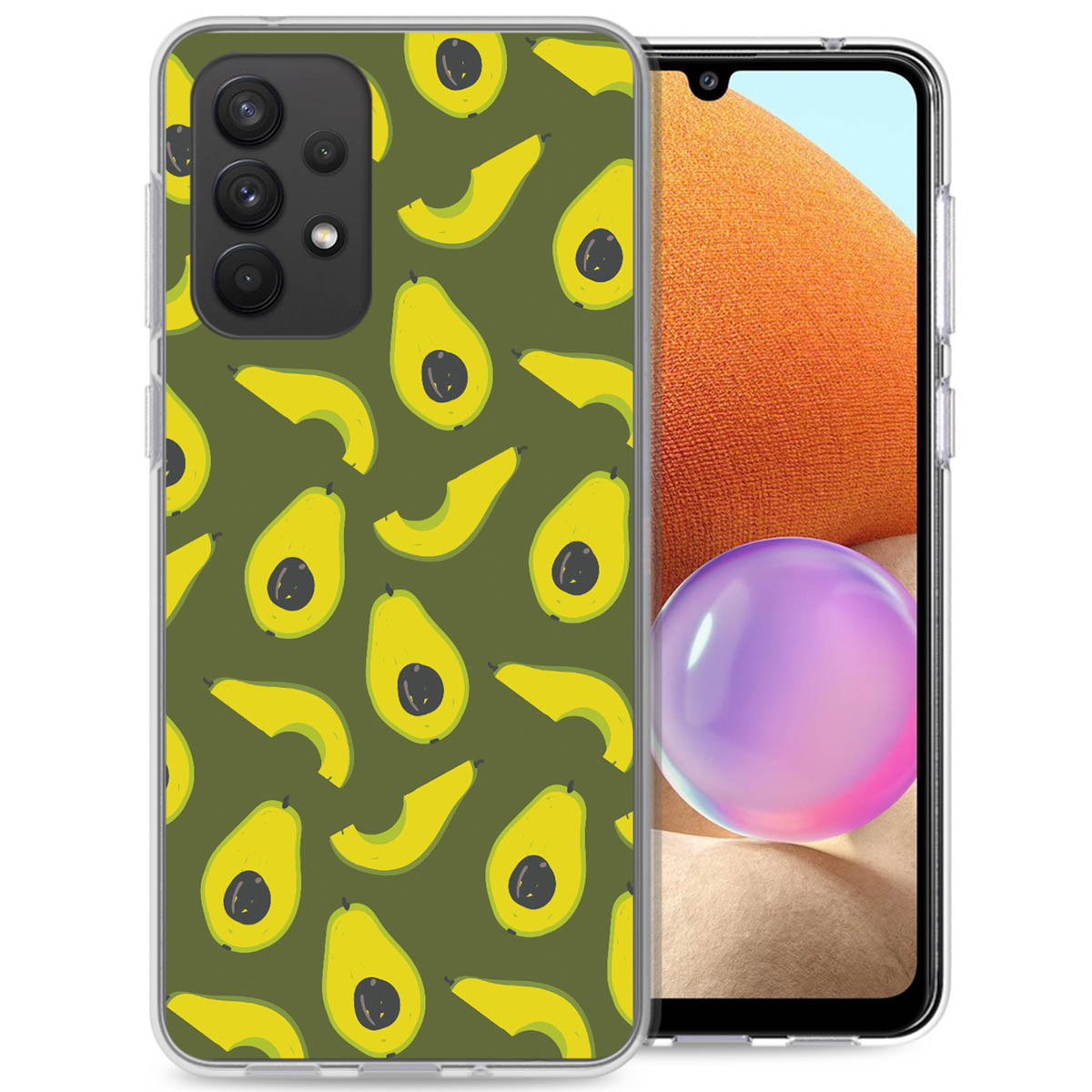 Téléphone avec coque à motif d'avocats. La coque a un cadre transparent.