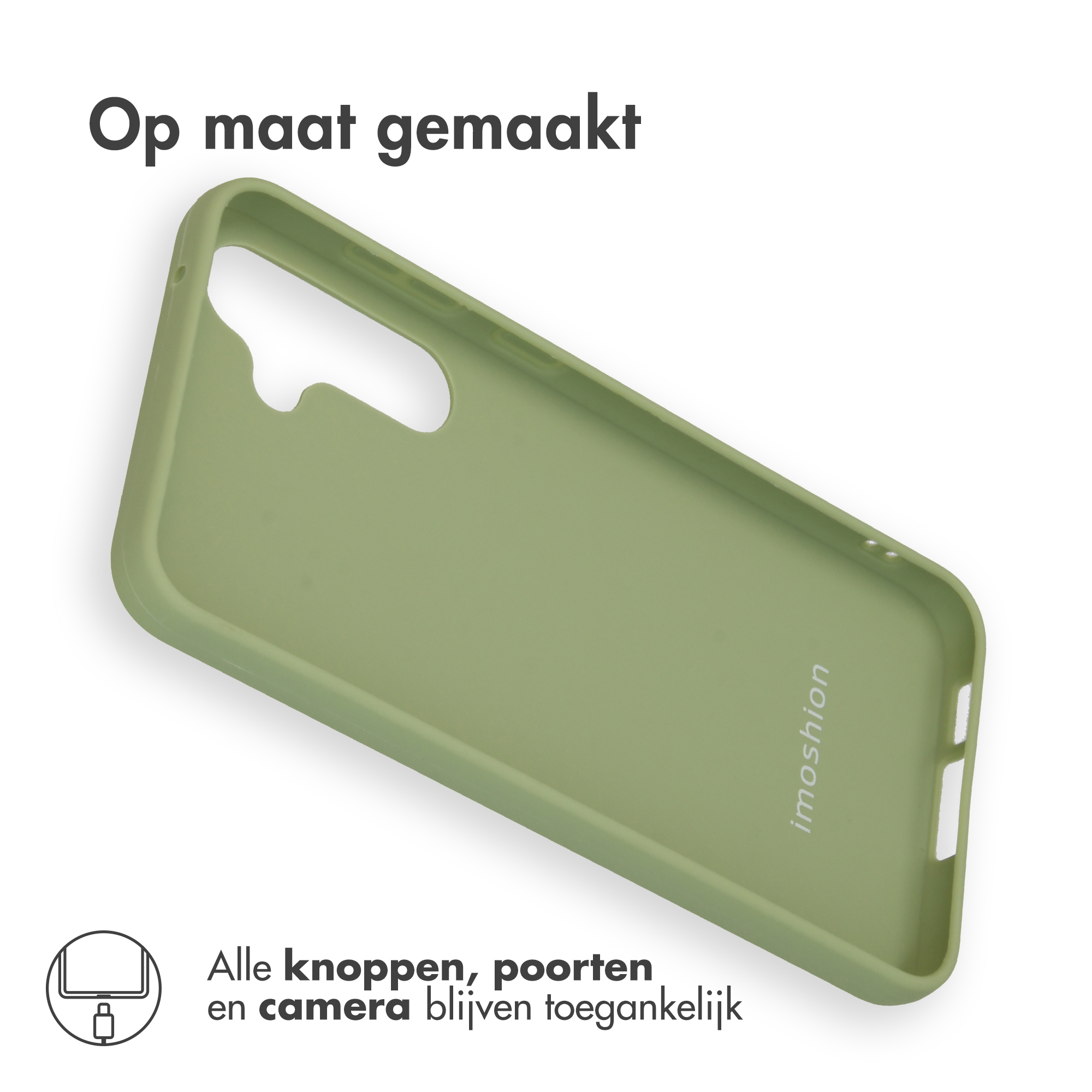 Een groene telefoonhoes met uitsparingen voor camera en knoppen.