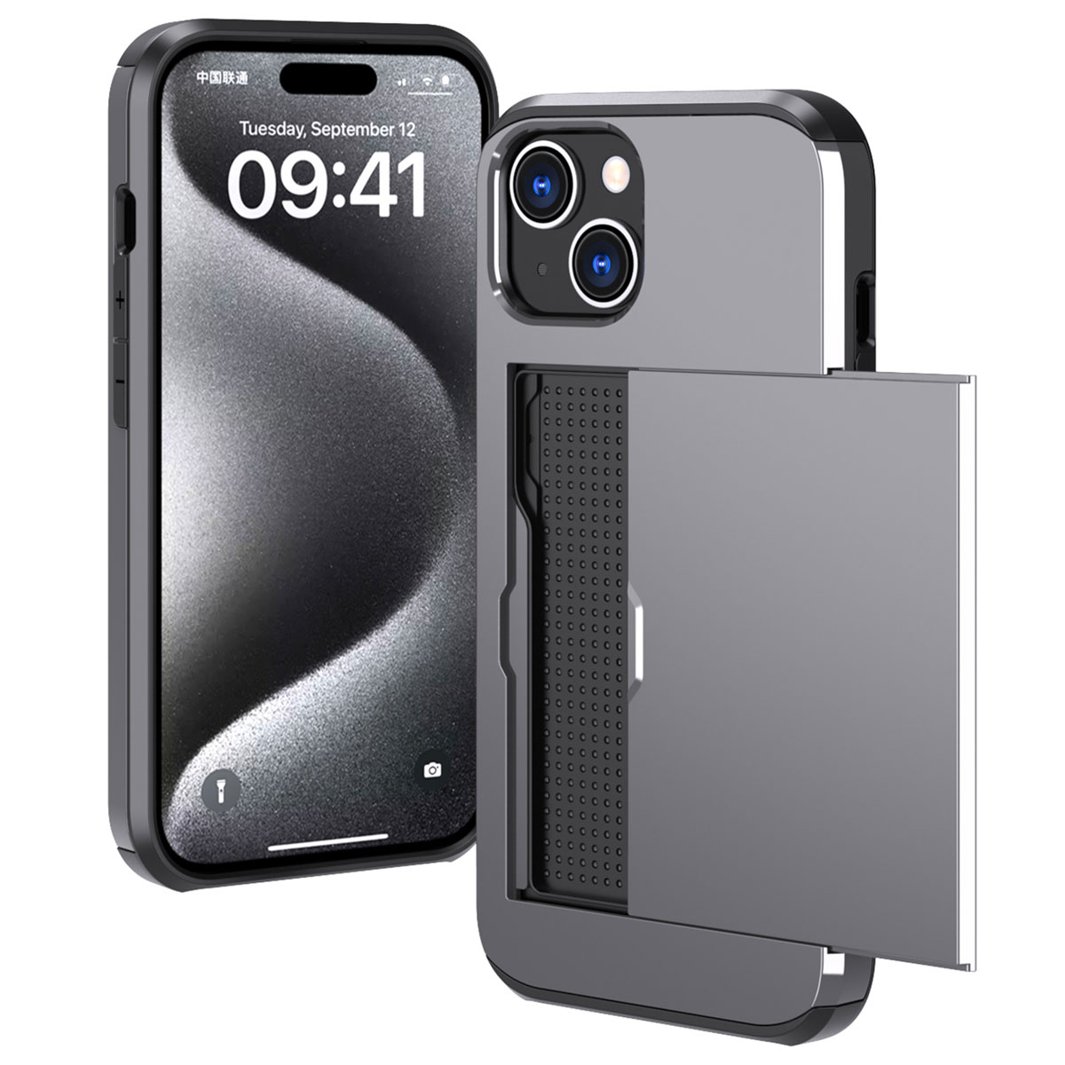 Phone with a gray case. The case has a card slot and a camera cutout.