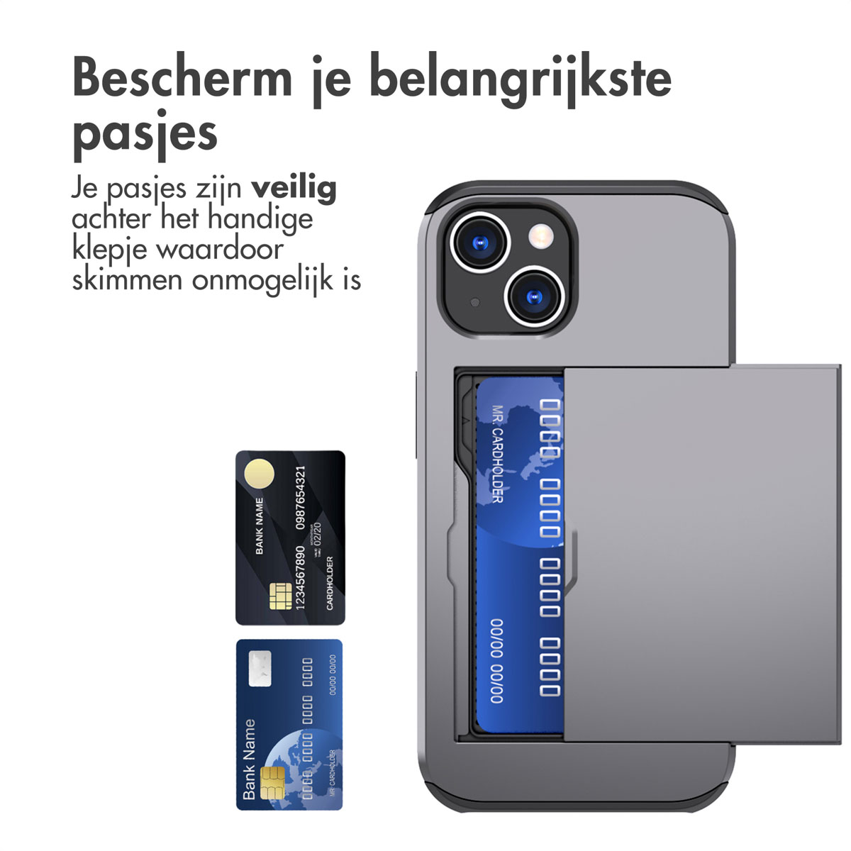 Gray phone case with card slot, showing two credit cards and one chip card.