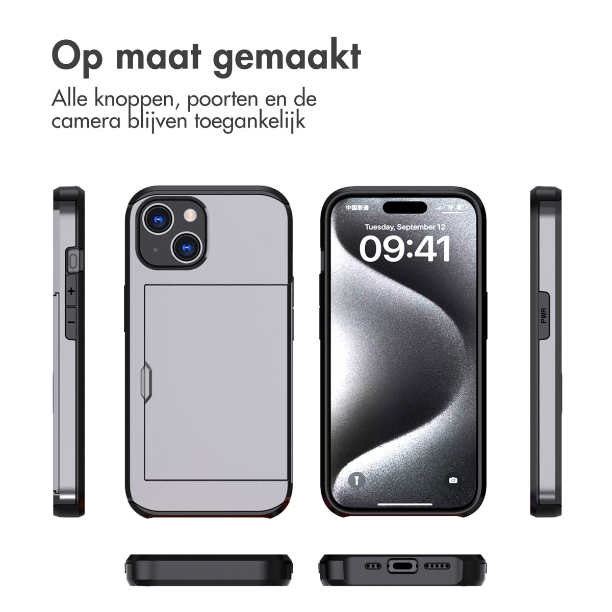 iPhone case with card holder, shown from all sides.