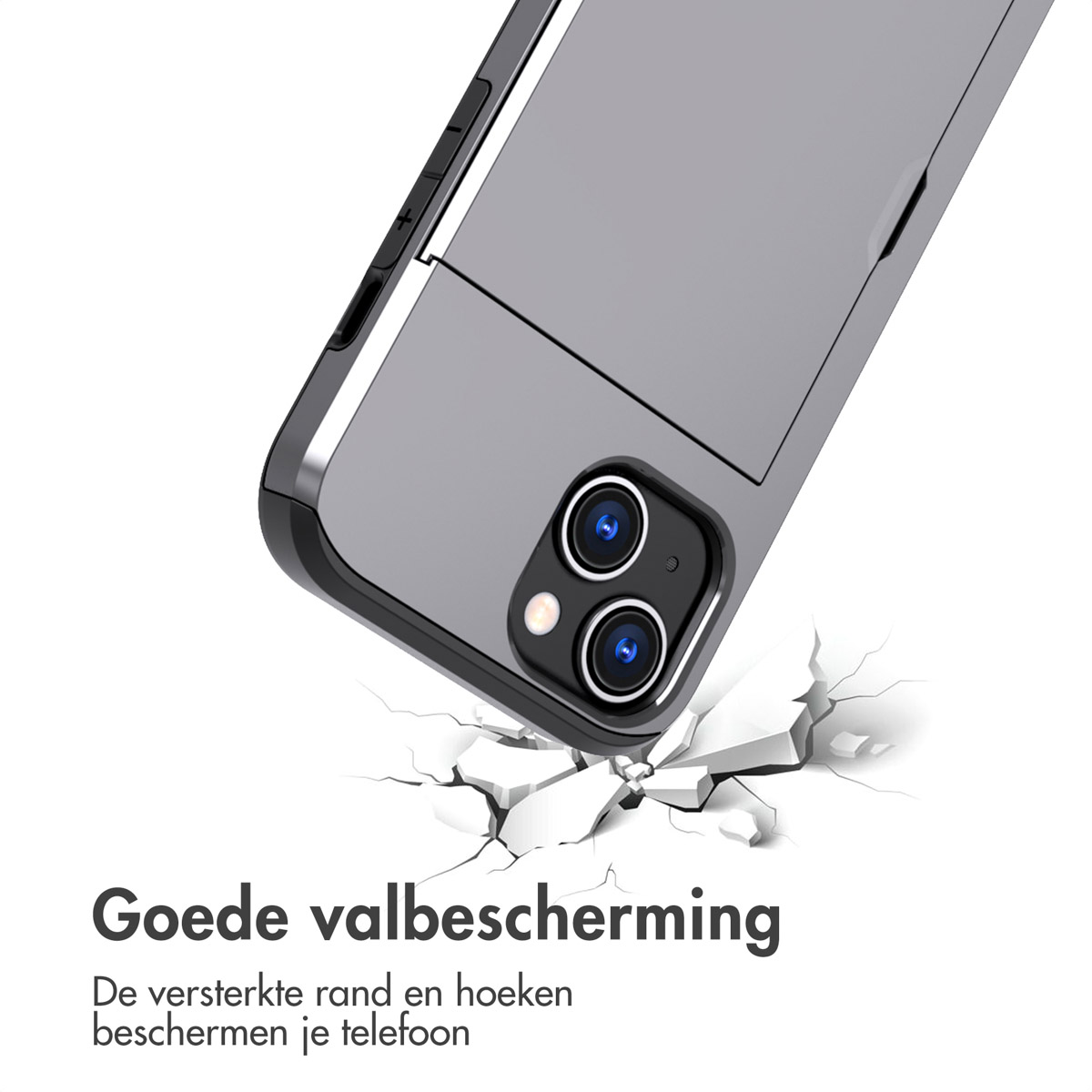 A gray phone case with reinforced corners falls onto a cracked surface.