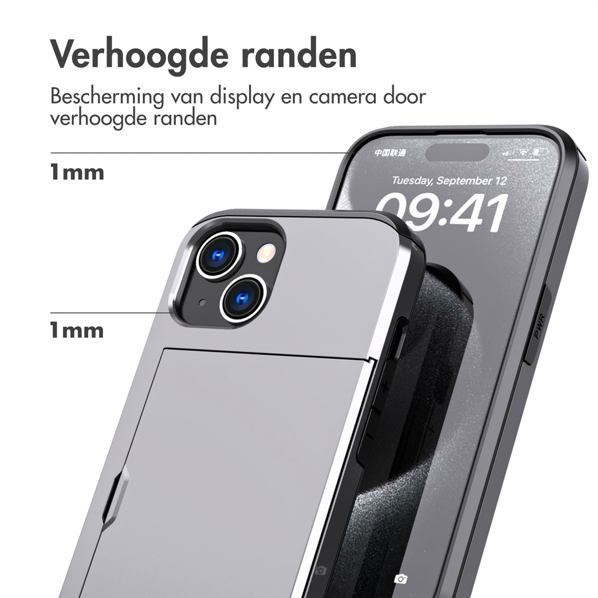 Silver phone case with 1mm raised edges for display and camera.