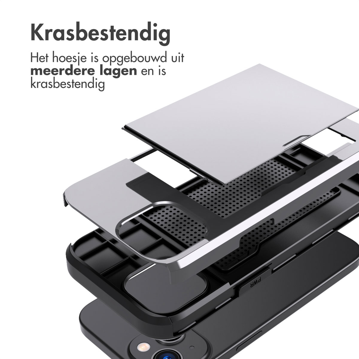 Exploded view of a multi-layer, scratch-resistant phone case with silver and black elements.