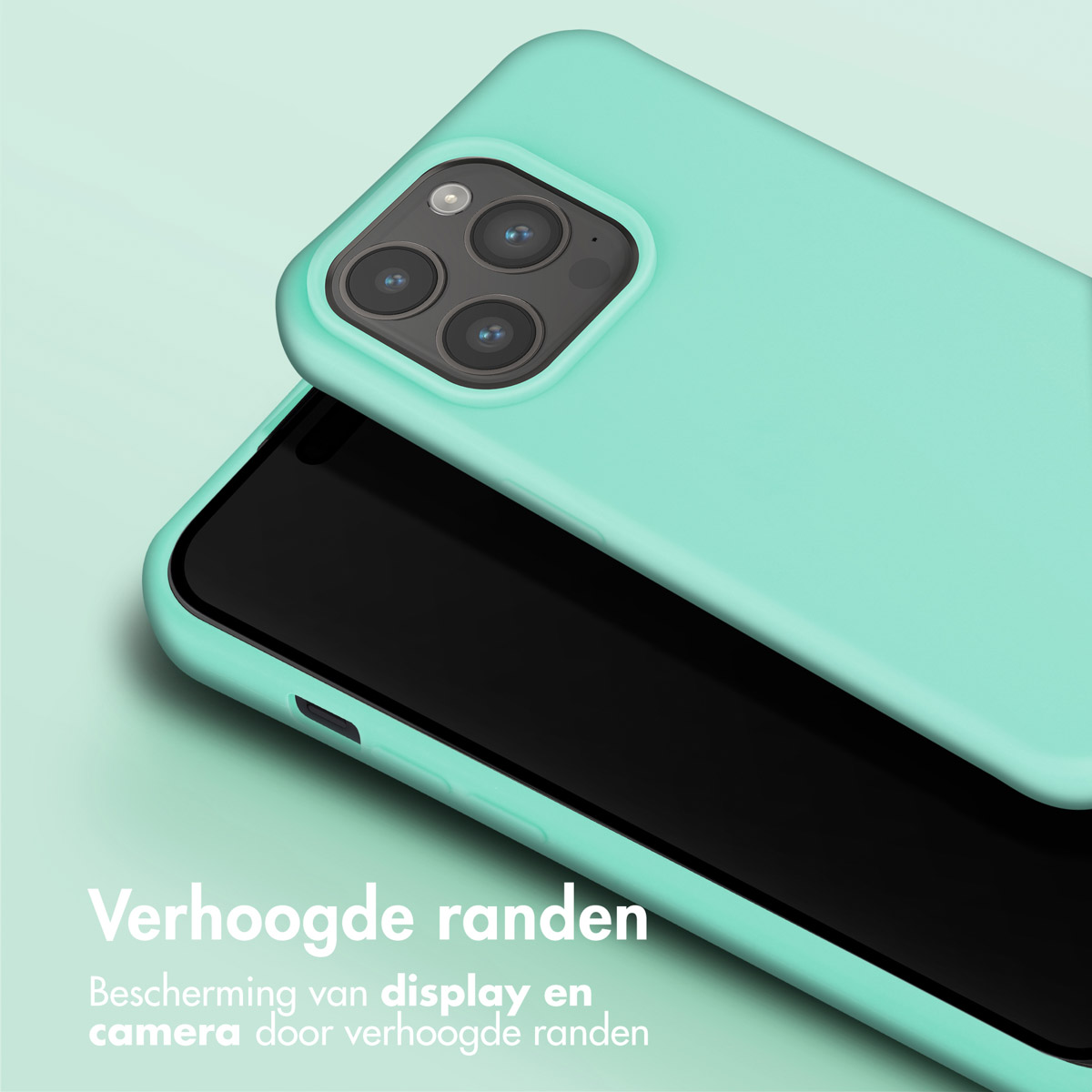 Coque vert menthe avec téléphone noir. Écran visible.