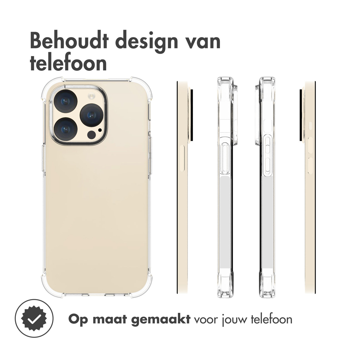 Telefono con custodia trasparente e beige. Vengono mostrate diverse angolazioni.