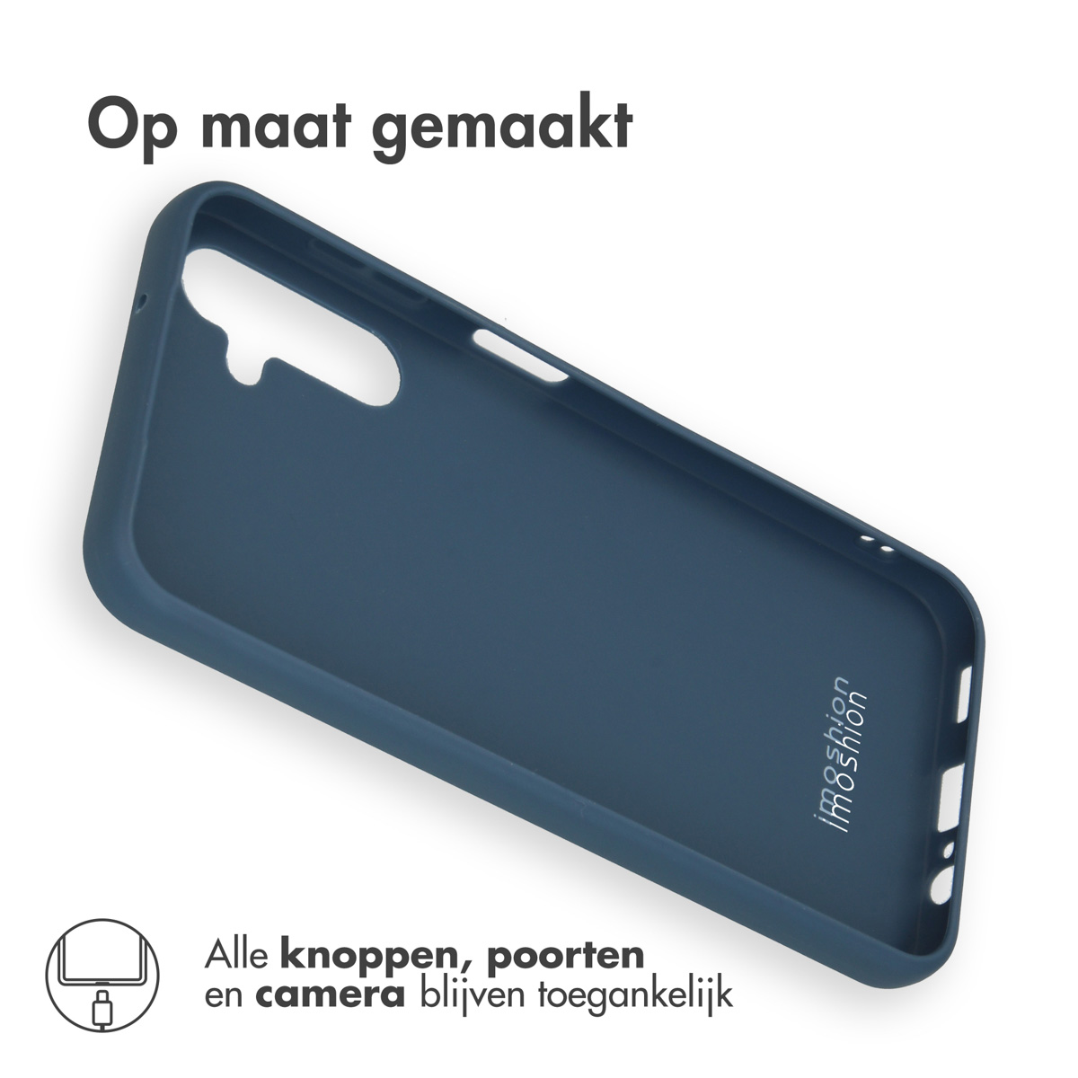 Blauwe telefoonhoes op witte ondergrond. Nederlandse tekst. Er staat imoshion op.