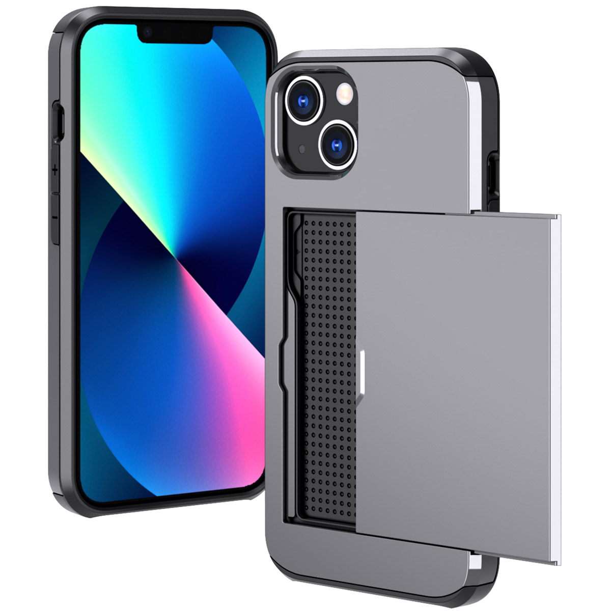 Smartphone in een grijze hoes met een schuifdeur voor kaarten. Scherm toont een blauwe en paarse afbeelding.