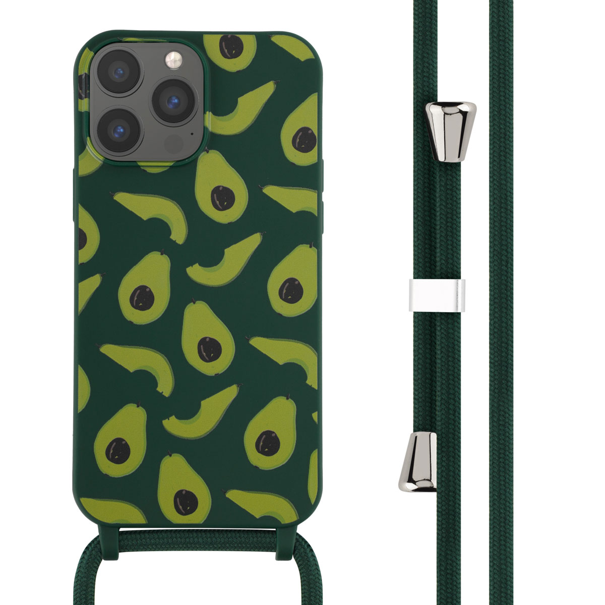 Téléphone avec coque à motif d'avocats vert foncé. Cordon vert foncé.