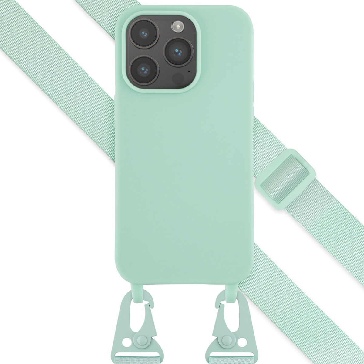 Téléphone vert menthe avec sangle et crochets. Fond blanc. Le téléphone a trois objectifs.