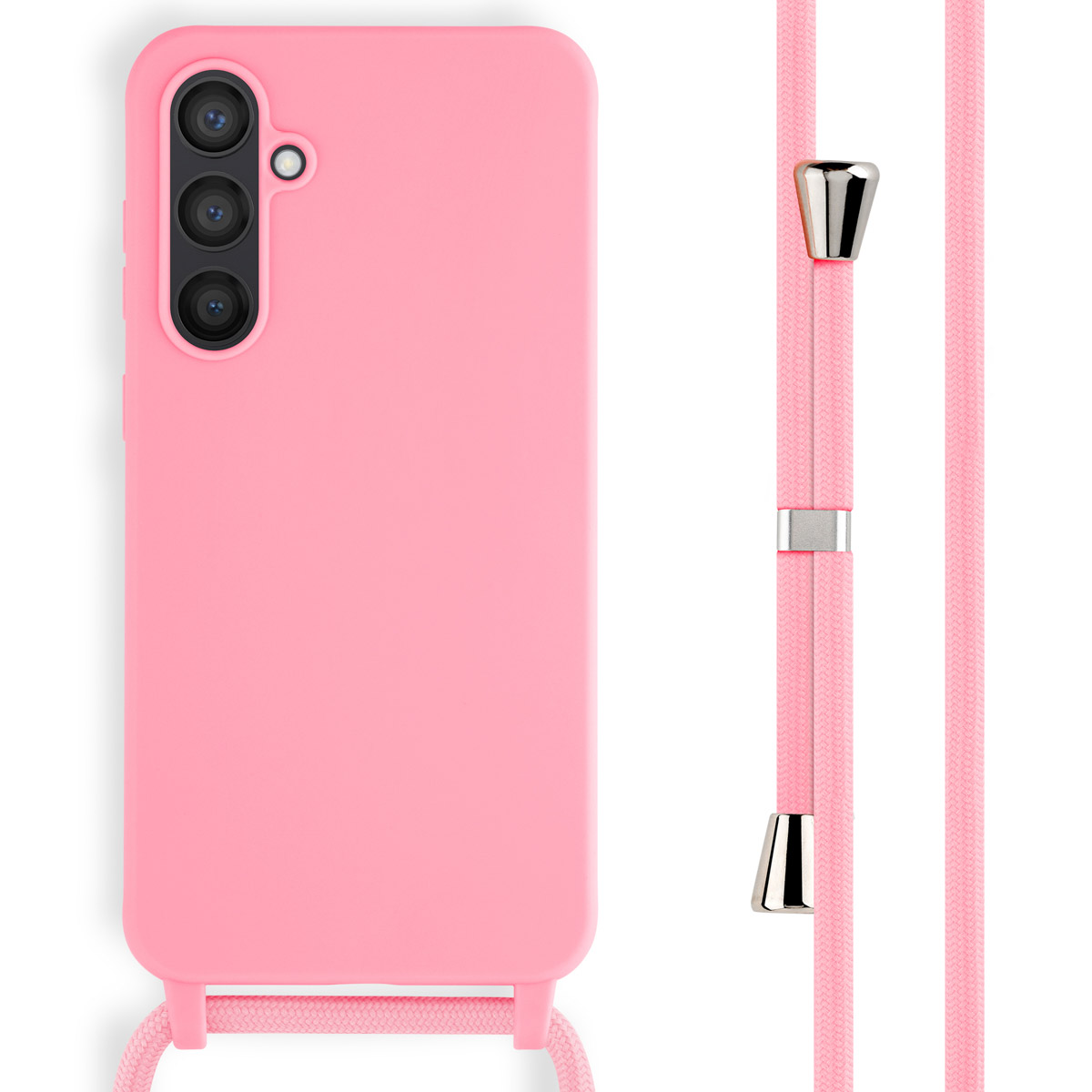 Roze telefoonhoesje met koord. De achtergrond is wit.