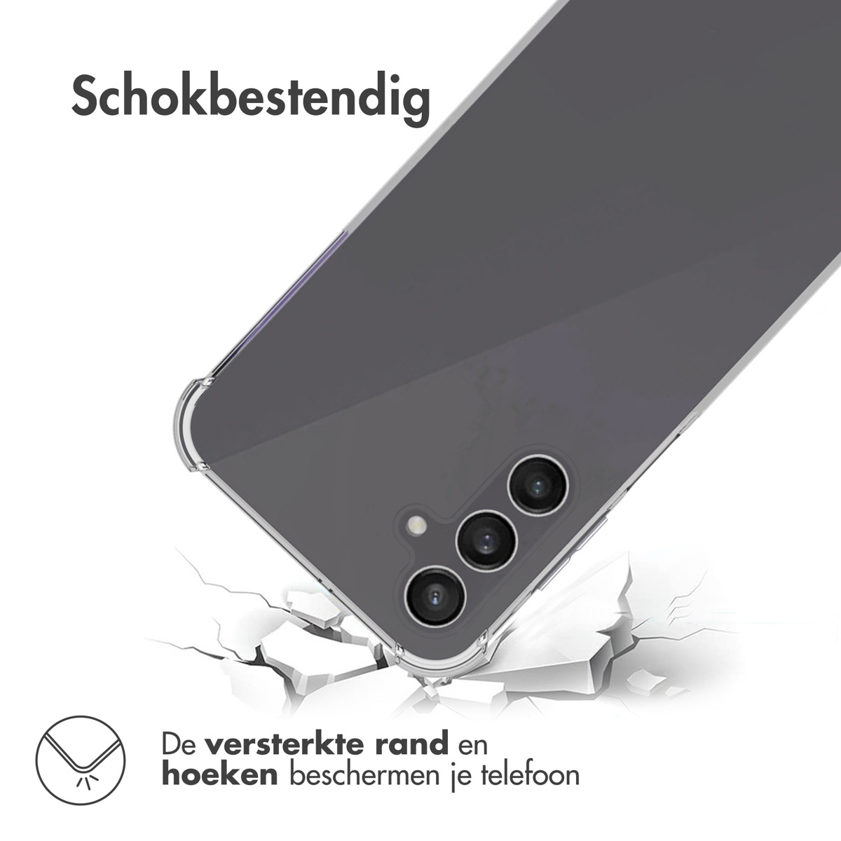 Transparante telefoonhoes met de telefoon op een gebarsten oppervlak. Tekst: 'Schokbestendig'.