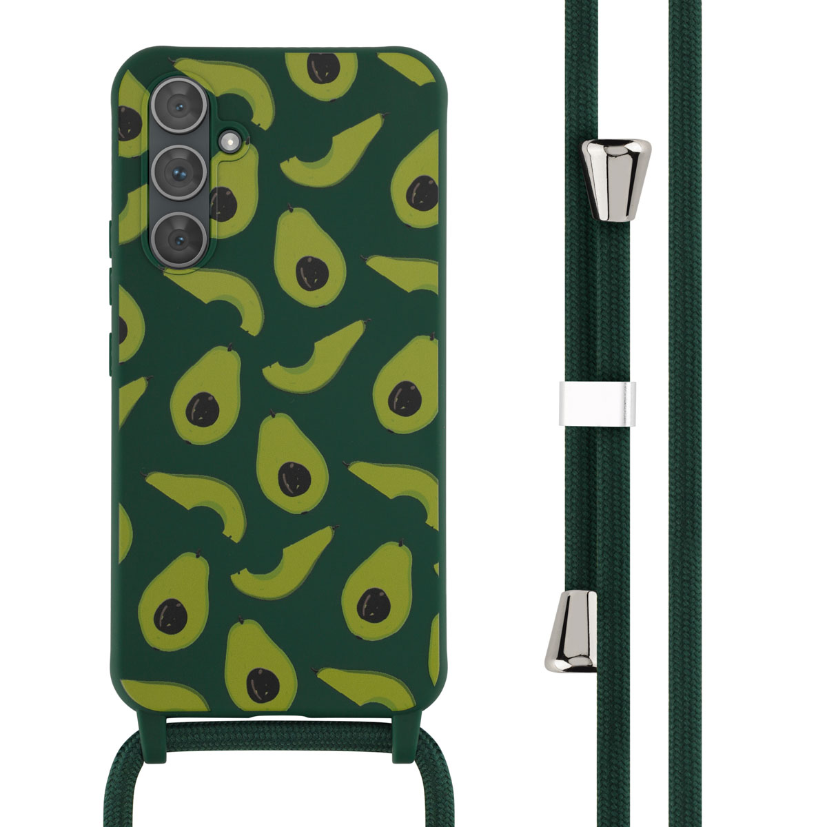 Coque de téléphone verte avec motif avocat, lanière vert foncé avec détails argentés.