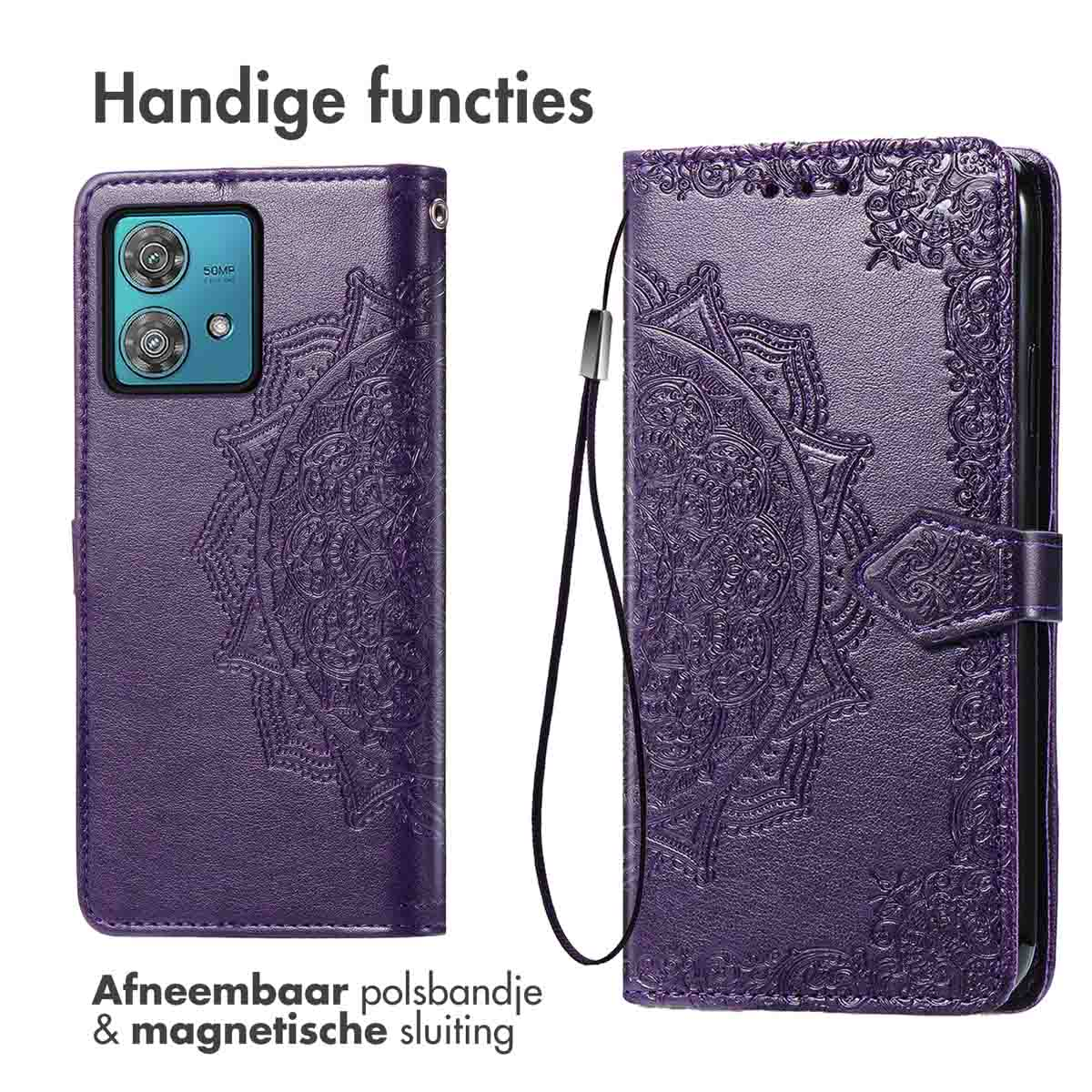 Étui de téléphone violet avec motif mandala, dragonne amovible et fermeture magnétique.
