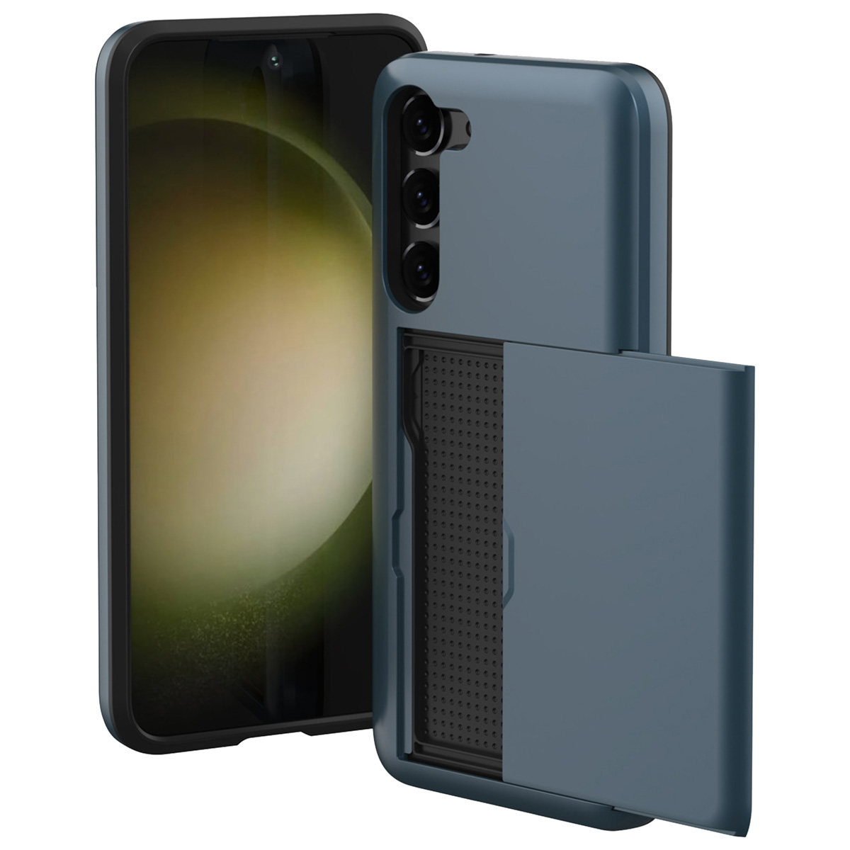 Blauwe telefoonhoes met een kaartsleuf. De telefoonhoes heeft de telefoon erin.