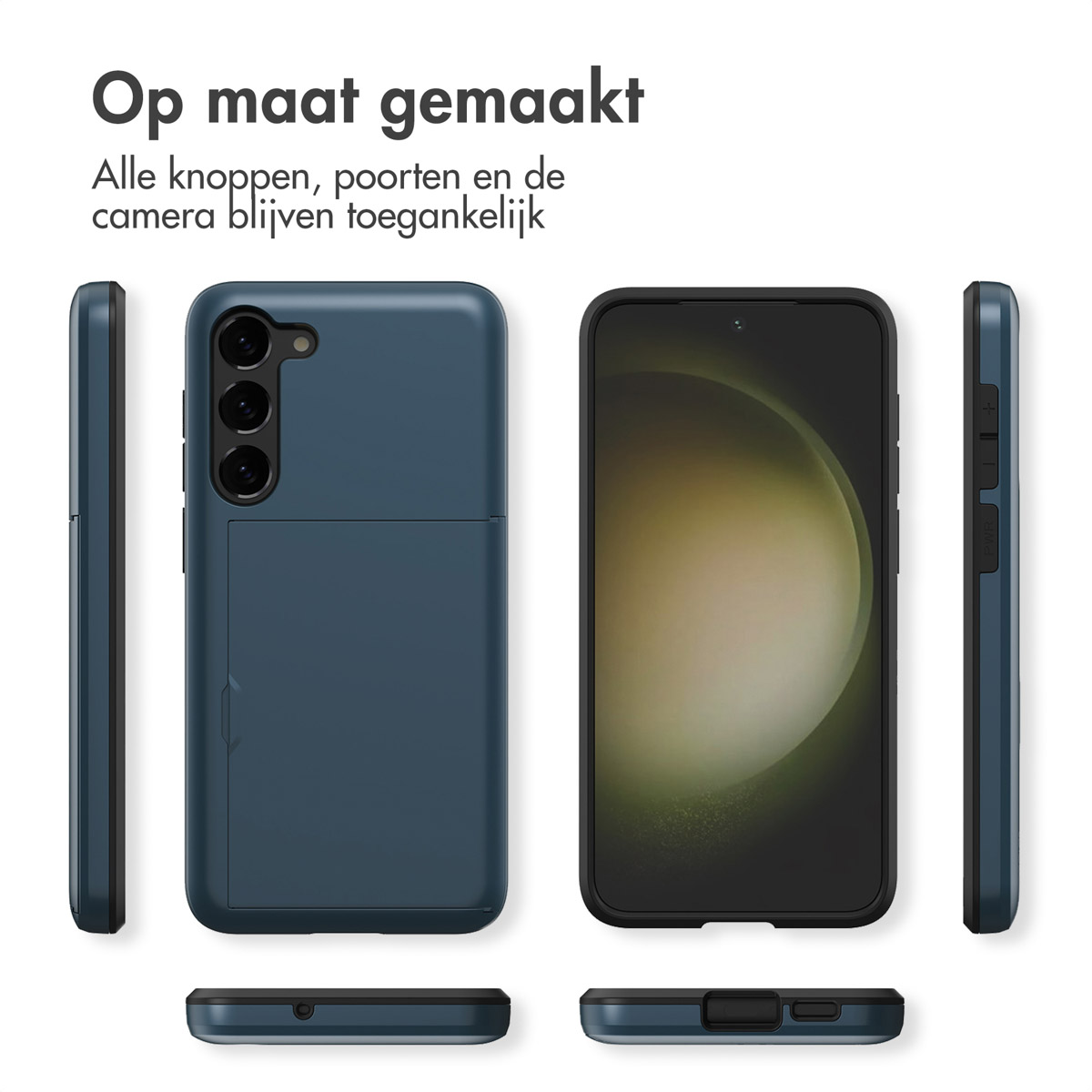 Blauwe telefoonhoes met kaarthouder, toont alle zijden en weergaven van de telefoon.