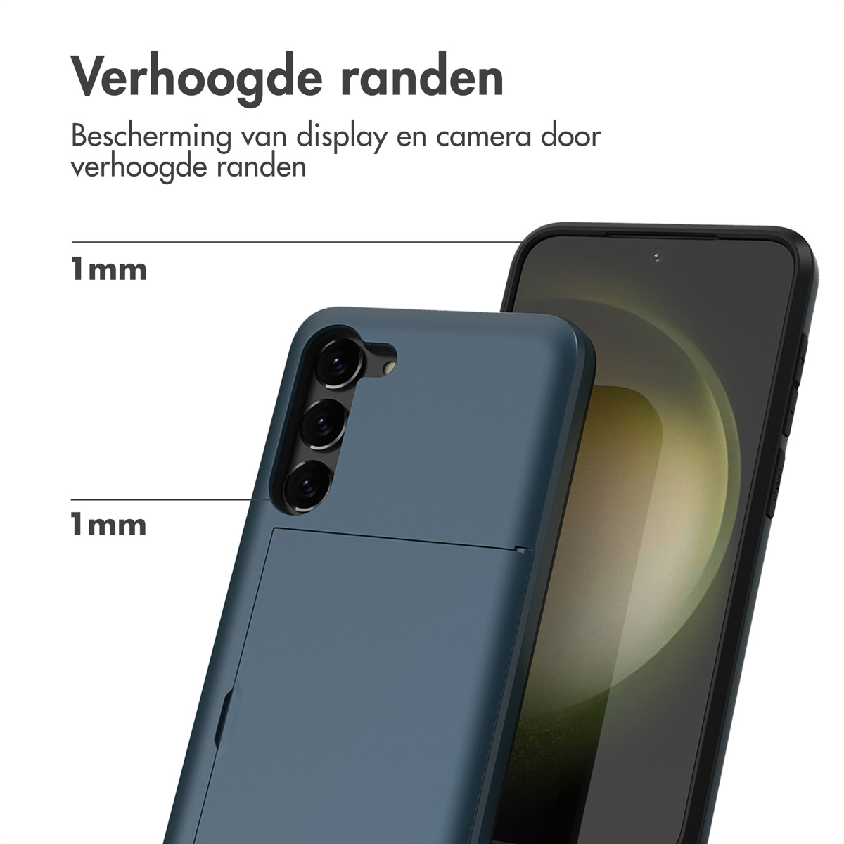Blauwe telefoonhoes met verhoogde randen naast een smartphone.
