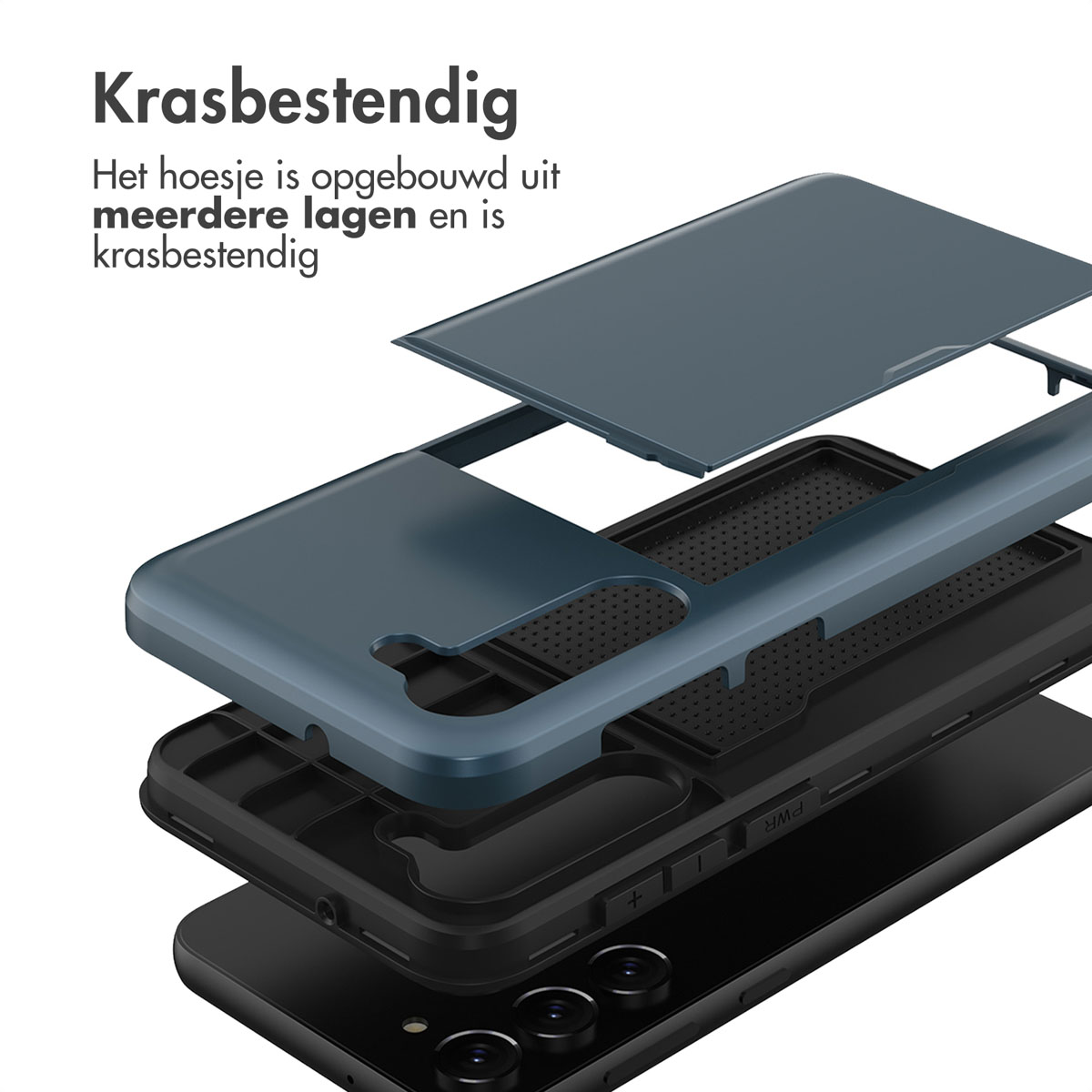 Exploded view van een donkerblauwe telefoonhoes met meerdere lagen.
