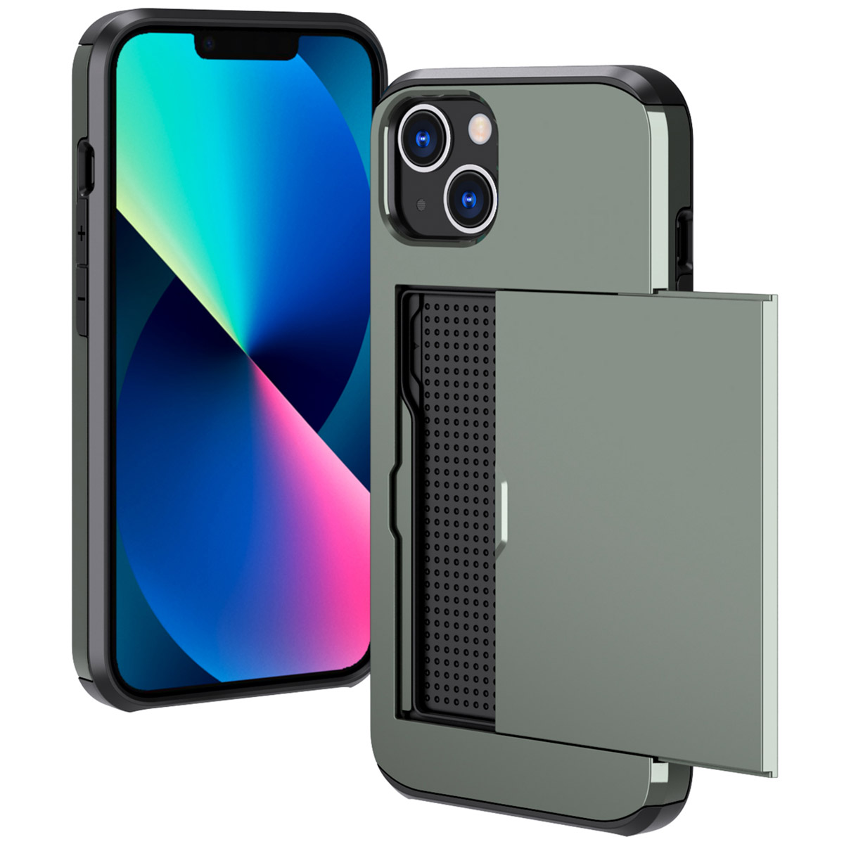 Groene telefoonhoes met kaartsleuf, met een telefoon links en een telefoon met kaart rechts.