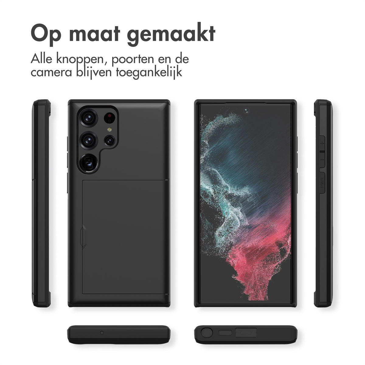 Zwarte telefoonhoes met camera- en poorttoegang, meerdere telefoonweergaven.
