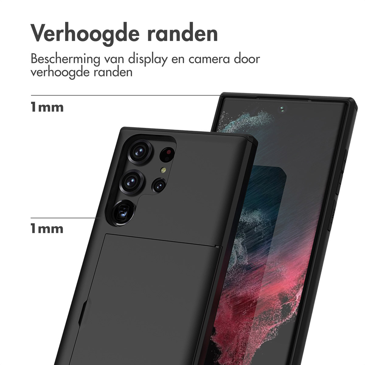 Zwarte telefoon met verhoogde randen, 1 mm bescherming voor display en camera.