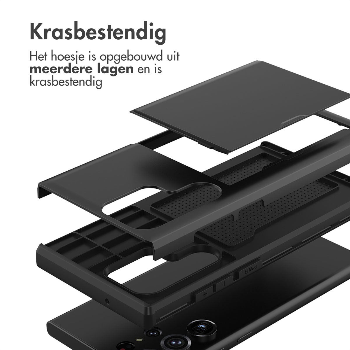 Exploded view van een zwarte, meerlaagse telefoonhoes.