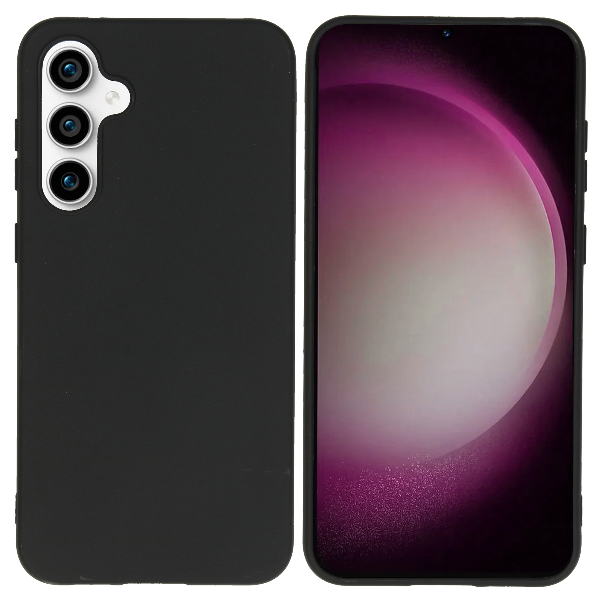 Zwarte telefoonhoes met drie cameralenzen links. Een telefoon met scherm rechts.