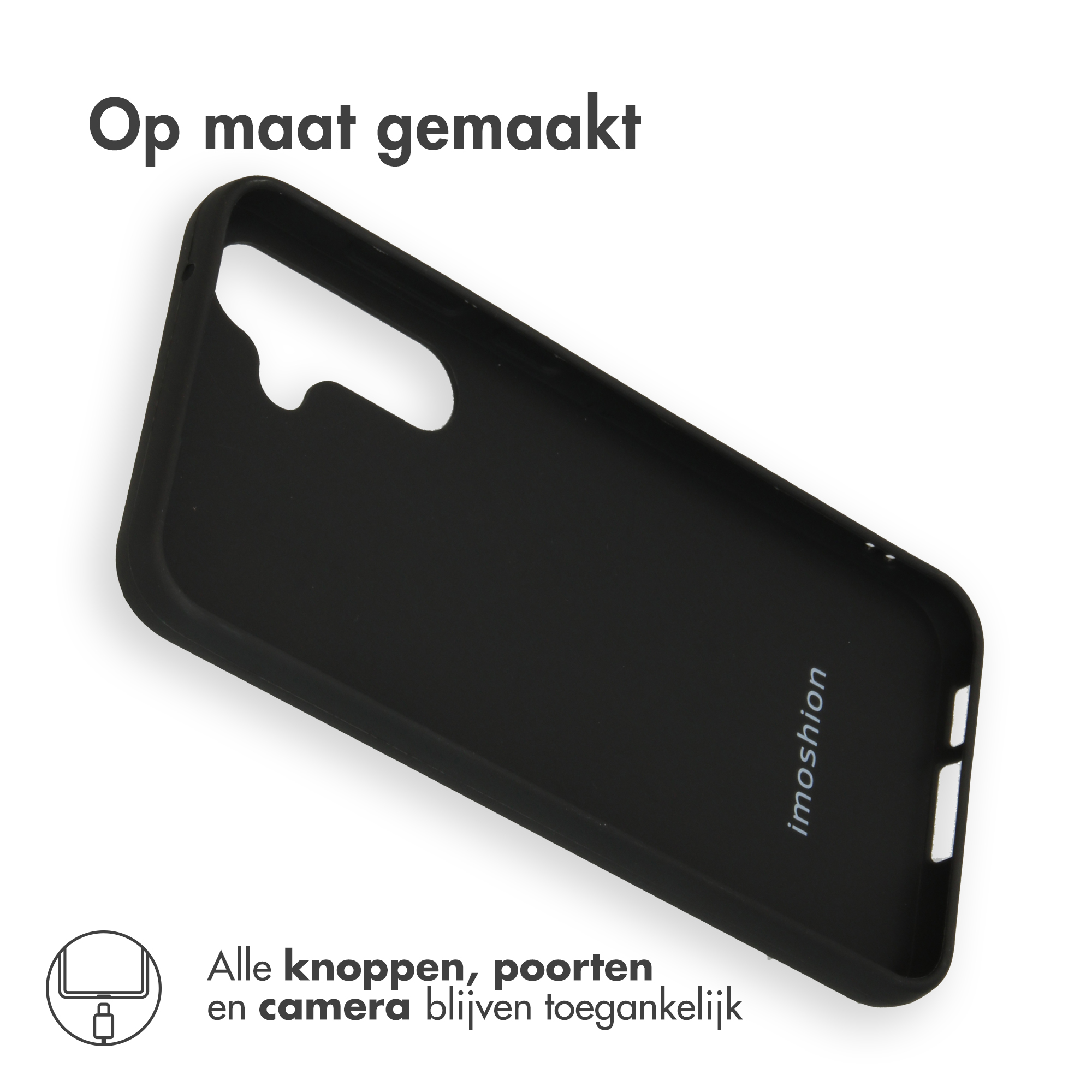 Zwarte telefoonhoes met tekst. De hoes heeft uitsparingen voor knoppen en camera.